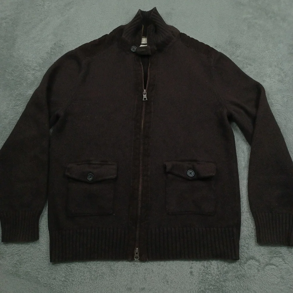 Banana Republic Sweater Mens Large Brown Knit Full Zip Pockets Angora‎ Cotton